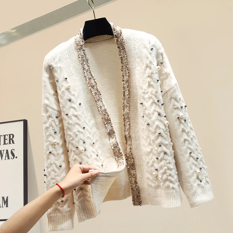 Handmade Pearls Beading Cardigan Women 