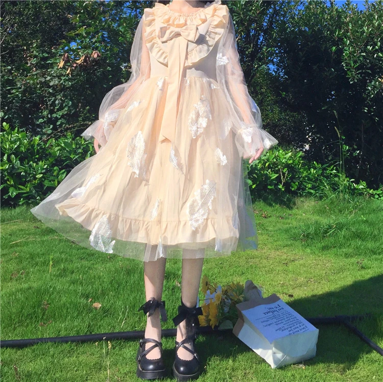 Japanese Soft Girl Lolita Dress Sweet Ruffles Bow Full Sleeve Cosplay Dress Fairy Elegant Kawaii Gauze Feather Party Girly Dress