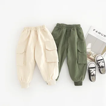 

WLG boys girls winter pants baby velvet thick solid beige green cargo pant toddler warm casual all match trouser for 1-6 years