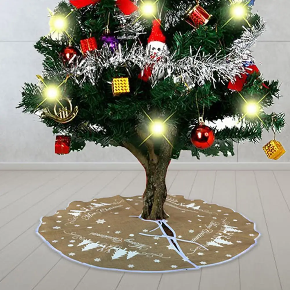 Christmas Tree Skirt Yellow Linen White Snowflake Tree Skirt for Party Decoration