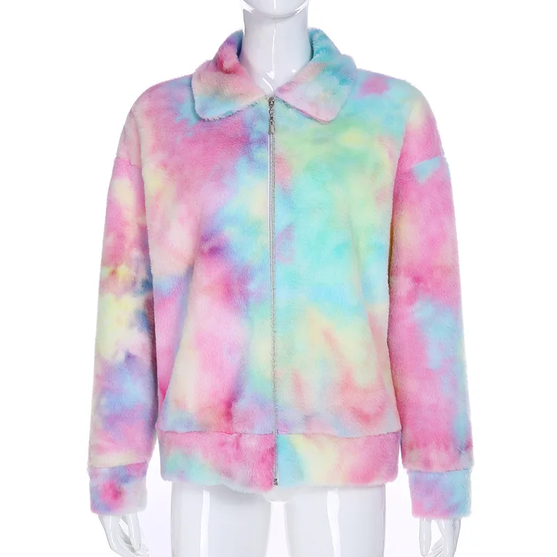 Greatest  BOOFEENAA Winter Rainbow Tie Dye Teddy Coats and Jackets Women Streetwear Faux Fur Polar Fleece Plu