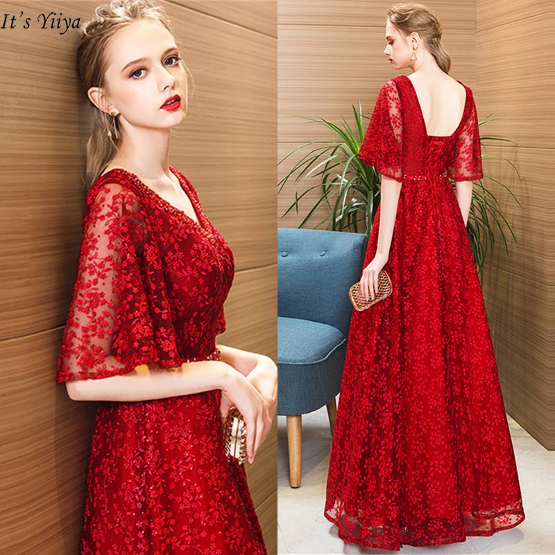 

It's Yiiya Evening Dress V-Neck Plus Size A-Line Dresses Women Party Night Embroidery Floor-Length Robe De Soiree LX1033