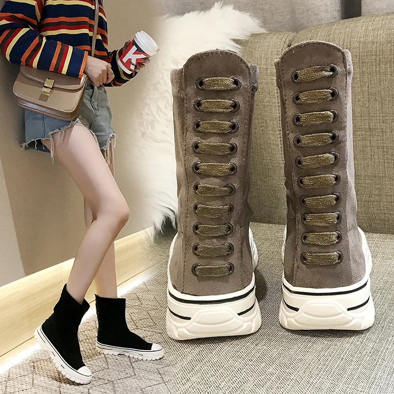 Женские эластичные ботинки на платформе; Zapatos de mujer; повседневные ботинки из флока средней высоты; модные однотонные полусапожки из флока без застежки