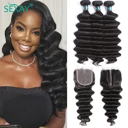Sexay Deep Wave Bundles With Closure Pineapple Loose Deep Wave Remy Brazilian Human Hair Weave 3/4 Bundles With 4x4 Lace Closure