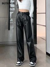  BGTEEVER Stylish Chic Loose Women PU Leather Pants Autumn Winter New Fashion Ladies High Waist Straight Faux Leather Trousers 