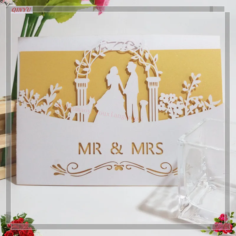 

10pcs Laser Cut Wedding invitations MR&MRS White elegant Pattern Vintage Card Kit Blank Paper Card Printing Invitation 5zSH070