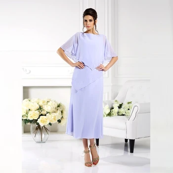 

2020 Unique Short Lavender Chiffon Mother of the Bride Dresses Tea Length Bateau Neck Half Sleeves Beaded Wedding Party Gowns