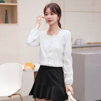 

COIGARSAM Fashion Full Sleeve Shirt Womens tops New Spring Brief Chiffon Women shirts White Pale Blue 6972