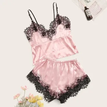 

Fashion Women Pajamas Set Summer Sexy Lace Trim Pajamas Satin V-Neck Camisole Shorts Set Lingerie Sleepwear kawaii clothes K56