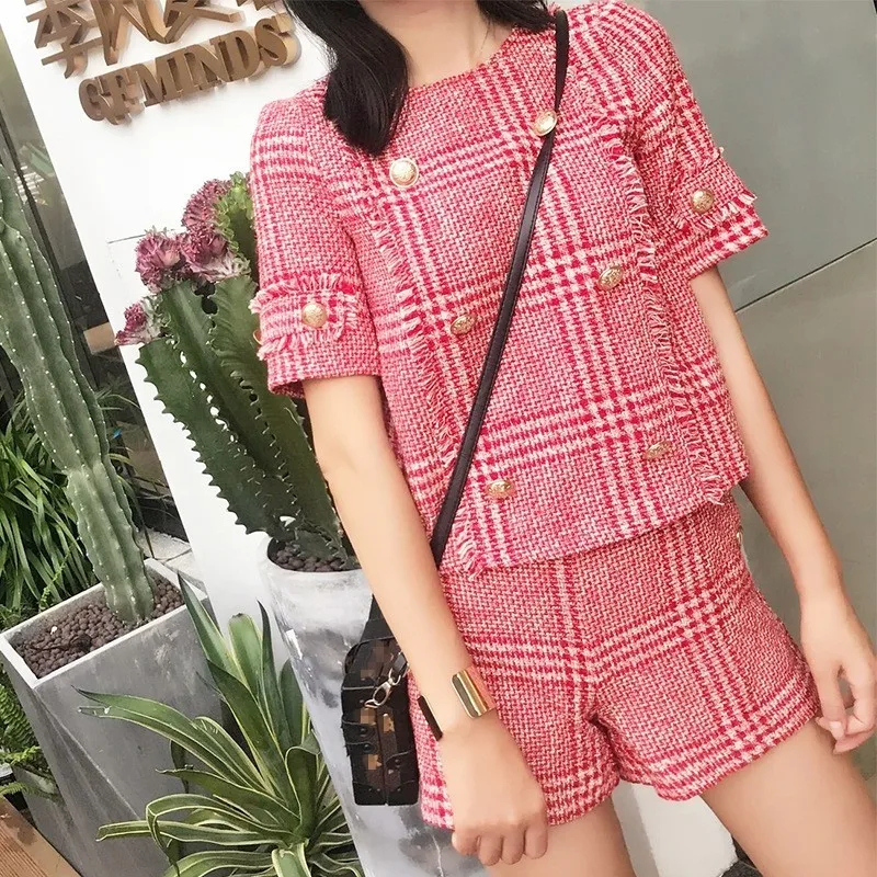 

Fashion Women Short Sleeve Buttons Twill Top Shorts Two Piece Set Slim Fit Ladies Outfits Suits Tassels Plaid Conjunto Femenino