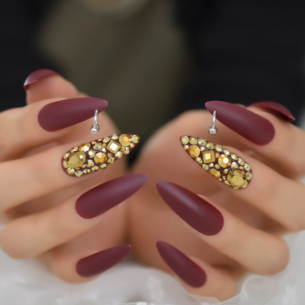 Golden Fake Diamond RhineStone With Design Nails Ring Simple Design Cool  Extra Long Stiletto Sharp Sexy Gelx Nails Pure Color|False Nails| -  AliExpress