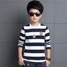 Детская футболка; коллекция года; сезон осень; Новинка; Стильная универсальная рубашка в полоску в Корейском стиле для мальчиков; детская футболка с надписью