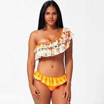 

Sunflower Print One Shoulder Push Up Bikini Ruffle bikinis Women Stripe Falbala High Waist Swimsuit Beach Swimwear Bathing Suits