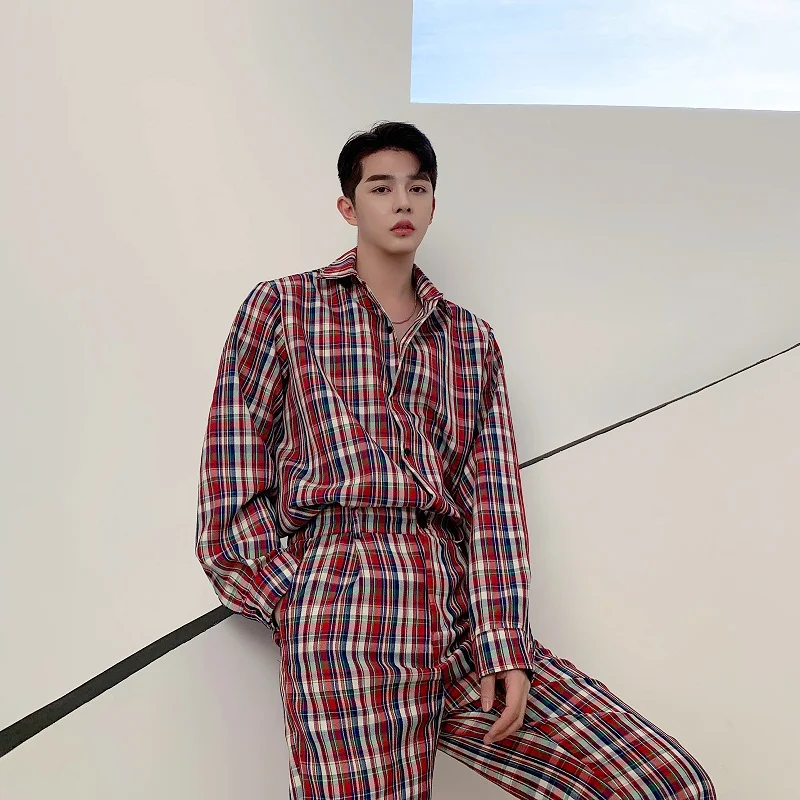 Men 2PCS Suits Sets (shirt+pant) Male Women Vintage Streetwear Hip Hop Loose Casual Plaid Long Sleeve Shirt Trousers Men 2PCS Suits Sets (shirt+pant) Male Women Vintage Streetwear Hip Hop Loose Casual Plaid Long Sleeve Shirt Trousers