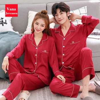 

Couple Sleepwear 2PCS Homewear Pajamas Set Long Sleeve Turn-down Collar Silk pyjamas Set Men Pajamas Pijamas Women Nightwear