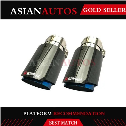 

For 2 PCS Akrapovic Glossy Carbon Fiber Exhaust tip 63-89mm Universal Blue End pipe