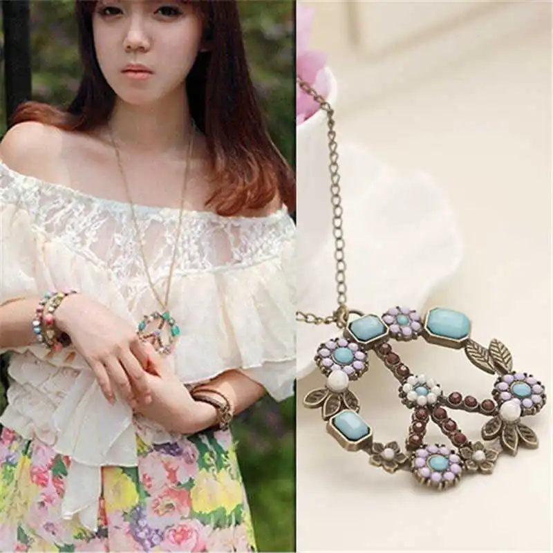 

Pendant Peace Women Sign Flower Long Vintage Chain Jewelry Necklace Sweater