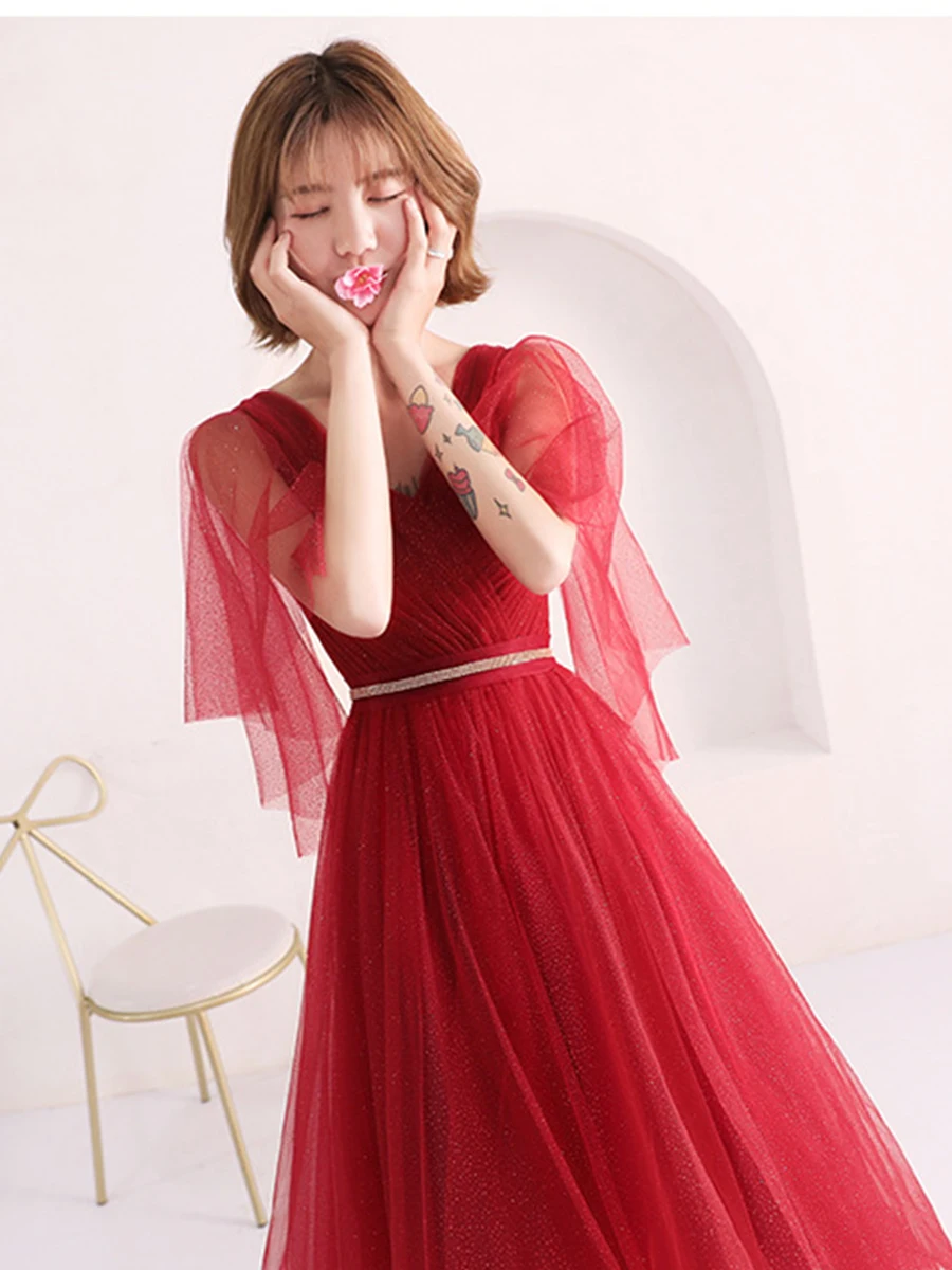 Prom Gown New Chiffon Tiered Robe De Soiree V-neck Short Sleeve Prom Elegant Dresses Red Lace Up Shining Prom Dress E133