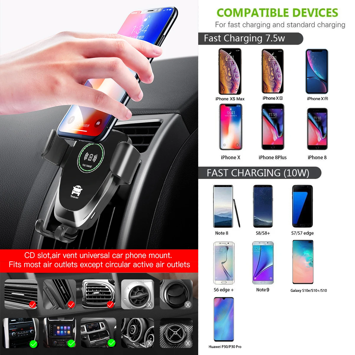 Автомобильное беспроводное зарядное устройство для iPhone XS MAX X 8 11 CD слот