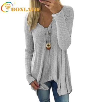 

Women Spring Sweaters Irregular Loose Type Long-sleeved Plain-color Pullover V-collar Women Solid Color Black Grey Pink Sweater