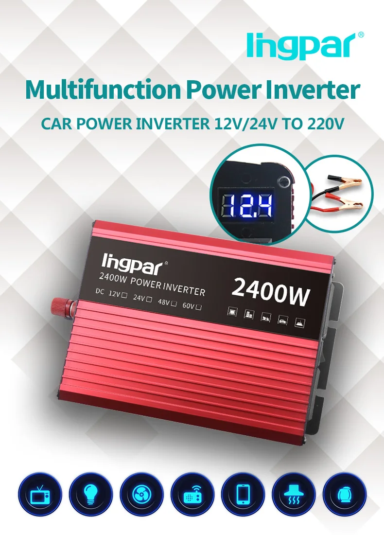 Lingpar 2400 Вт портативный автомобильный инвертор, трансформатор, зарядное устройство, светодиодный дисплей, двойной разъем, преобразователь питания 12 В/24 В до 220 В
