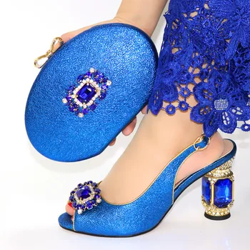 

Blue Nice Design Italian Rhinestone Shoes With Matching Bags Latest Italian Women Pointed Toe Slipper and Bags Set On Sale