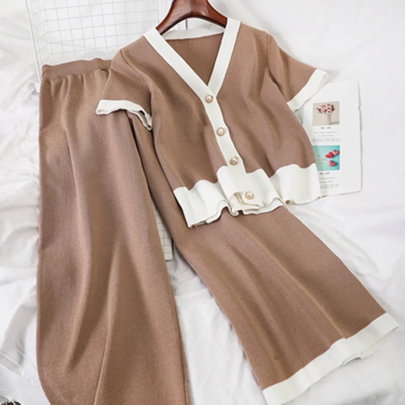 

Knitted Two Piece Set Women Single Breasted V Neck Short Sleeve Cardigan Top+Elastic Waist Wide Leg Pants Fashion Suits