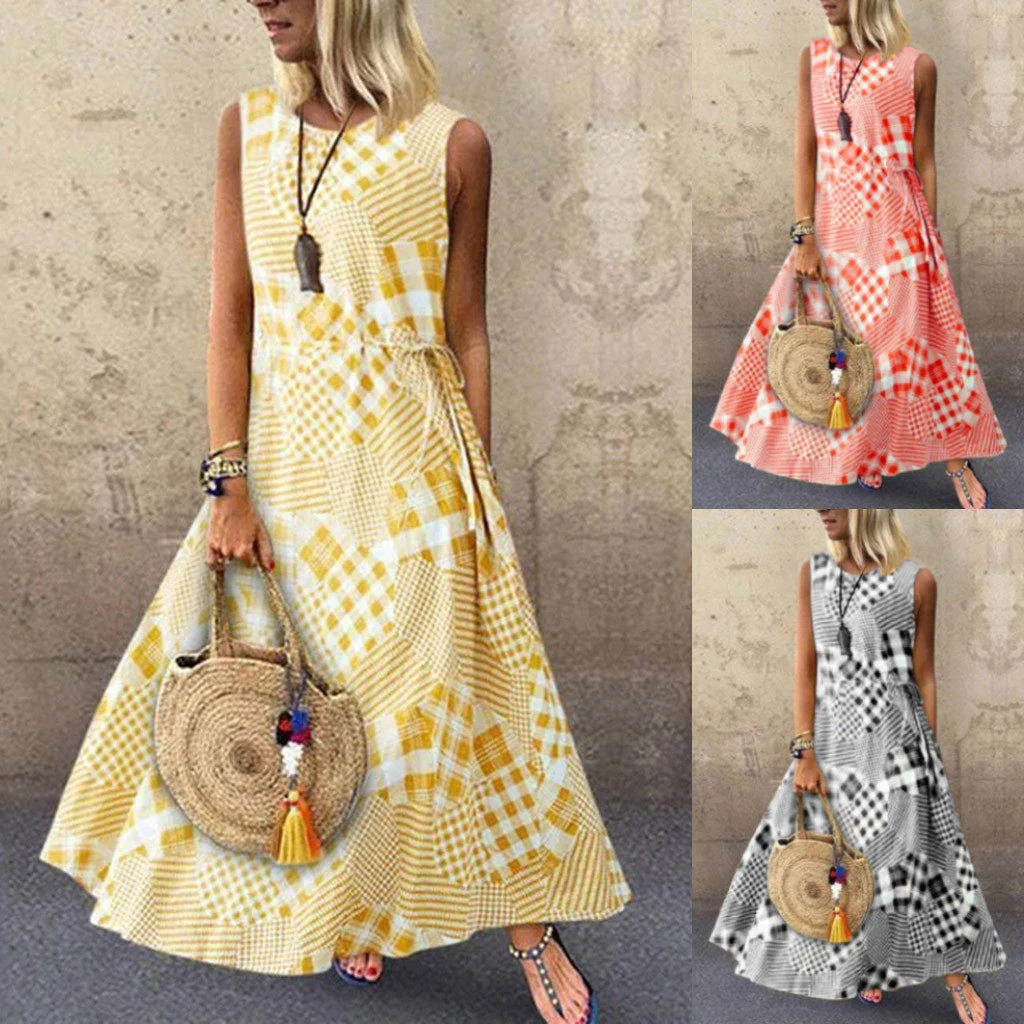 Women Sexy Lace Dress Vintage Print Patchwork O-Neck Sleeveless Summer Plus Size Maxi Long Ladies Dresses Elegant Girls  723