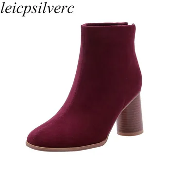 

Women Boots Autumn Winter High Heel Warm Round Toe Zip Ankle Flock Round Heel 2019 New Simple Sexy Fashion Black Apricot Plush