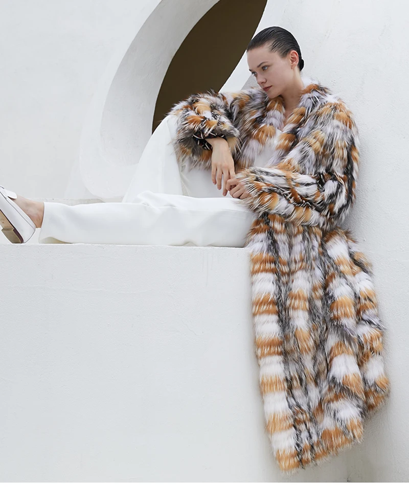 Ftangaiur, зимняя импортная шуба из лисьего меха, Женское пальто с v-образным вырезом контрастного цвета, с узором в клетку, длинное пальто из натурального меха лисы
