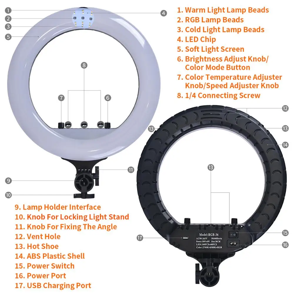 fosoto 14 Inch RGB Photographic Light Led Curved surface Ring Lamp With Tripod And Remote USB Port For Youtube Makeup Shoot