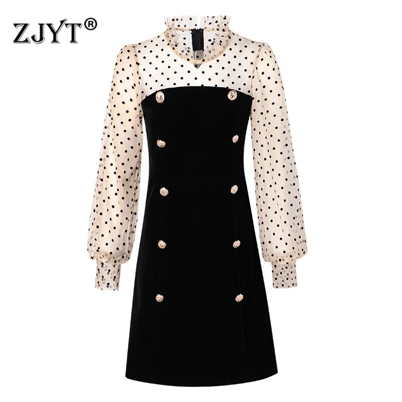

Fashion 2020 Spring Dress Woman Elegant Designers Long Sleeve Dot Tulle Patchwork Short Mini Sexy Black Velvet Party Dress