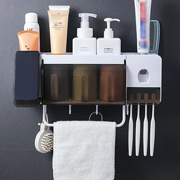 

Wall Mount Dust-proof Toothbrush Holder With Cups Automatic Toothpaste Squeezer Dispenser Bathroom Storage Box