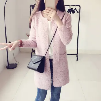 

2019 Sweet Women Sequins Knitted Sweaters Female Long Style Slim Long Sleev Cardigan Tops Korean Version Pockets Sweaters