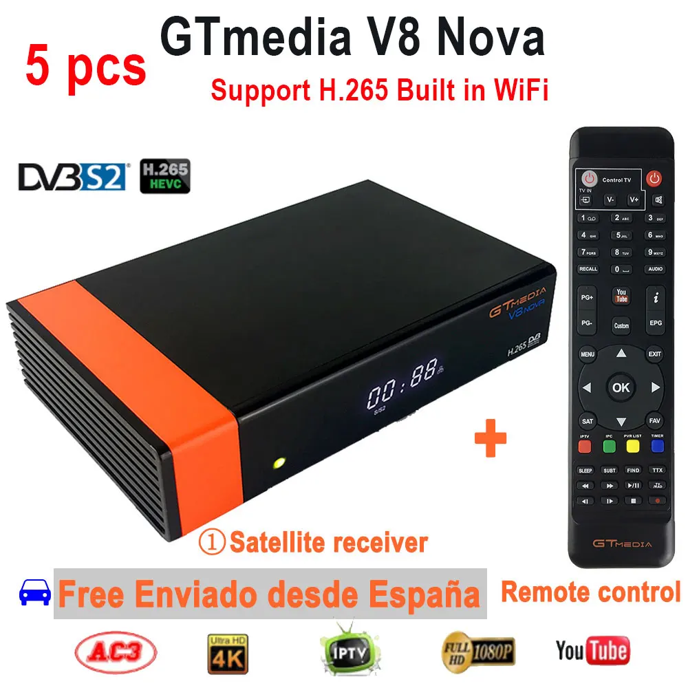 

5pcs/lot GTmedia v8 nova dvb-s2 satellite receiver upgrade Freesat v8 H.265 HD Built-in WiFi spain receptor 1080P decode Receive