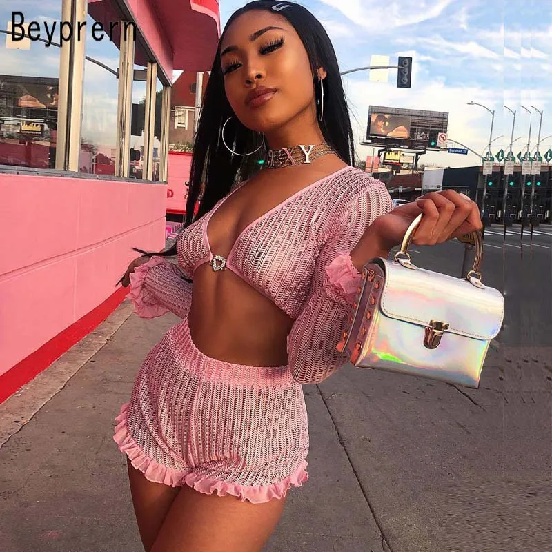

Bernays Sexy See-through Ruffled Mesh Trim Pink Shorts Set Two Piece Women Knitted Crop Top High Waist Booty Shorts Set