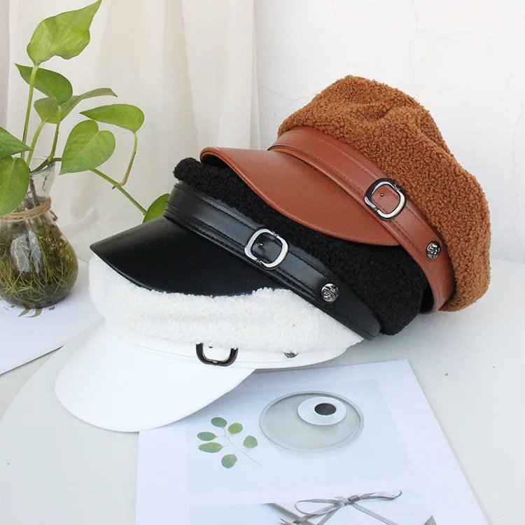 FUFAN030 новая овечья шерсть газетная шляпа восьмиугольная шапка художника зимняя женская Повседневная хлопковая кепка берет с пряжкой на ремне