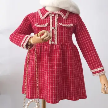 

Baby Girls Small fragrance princess Dress Autumn New kids Vintage Sweet Cute Long sleeve knitted Dress