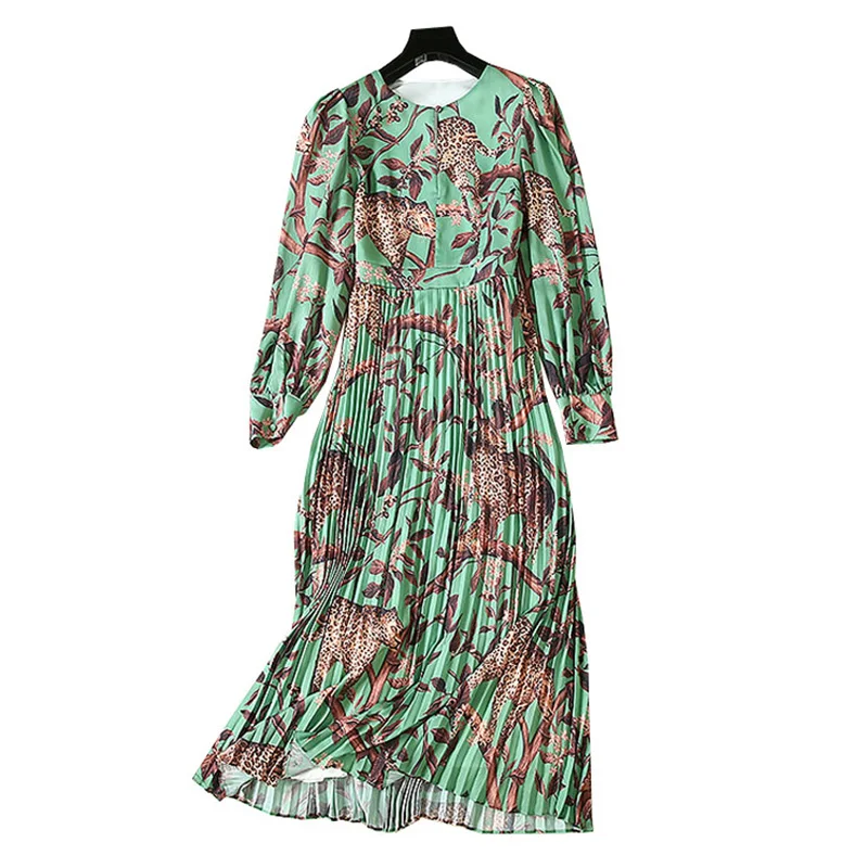 

2019 women high quality animal print round neck long sleeve pleated midi plus size classy green african print dresses