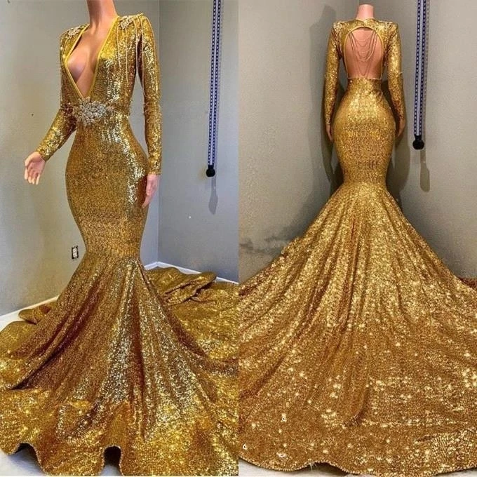 

Arabic V-Neck Mermaid Gold Evening Dresses 2019 Full Sequined Long Sleeves Party Dresses Prom Gown Africa Girls Vestido de festa
