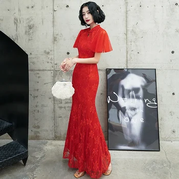 

Women Chinese Style Wedding Party Dress Red Sexy Slim Fishtail Cheongsam Qipao Novelty Mandarin Collor Elegant Lace Vestidos