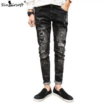 

Light Washed Black Denim Ankle-Length Jeans Men Slim Hip Hop Style Patchwork Pencil Pants Male Ripped Hole Autumn Trousers Hot