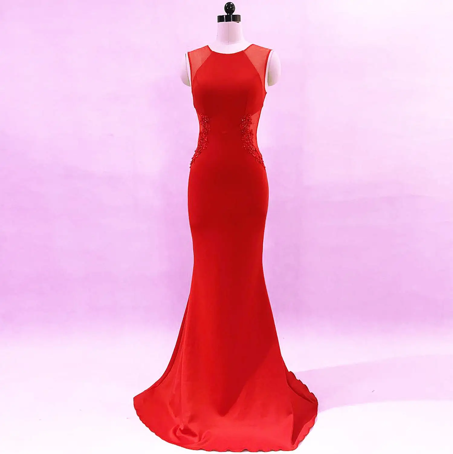 Red Beauty-Emily вечерние платья с круглым вырезом, Длинные вечерние платья без рукавов, кружевные плиссированные Свадебные платья русалки, vestido de noche - Цвет: Red