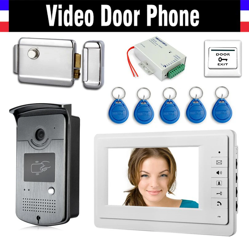 

7" Color Screen Video Door Phone Intercom Doorbell System + Electric Lock + Power supply controller+ Door Exit + 5PCS ID Keyfobs