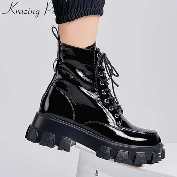 

krazing pot black colors thick bottom cow leather tooling boots belt buckle round toe winter keep warm women ankle boots L22
