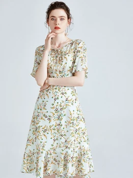 

Silk Dress 100 Mulberry Silk High-End Printed Short-Sleeved Small Fresh French Summer Dress waist slimming mid-length dress