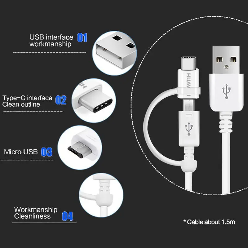 Huawei P20 дорожное зарядное устройство 2 в 1 Micro USB type C кабель 2A 1,5 M type-C зарядный кабель Mate10 Mate9 Pro Lite Honor V10