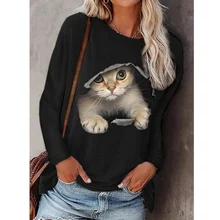 Women Long Sleeve Casual T-Shirt New Autumn O-Neck Printed Loose Tops Cartoons Funny Cats T-Shirt Fashion Lady Streetwear