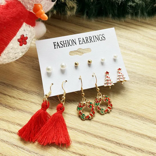 

Vintage Seasonal Xmas Tree Dangle Earrings Long Tassel Earrings 6pc Set Earring Set