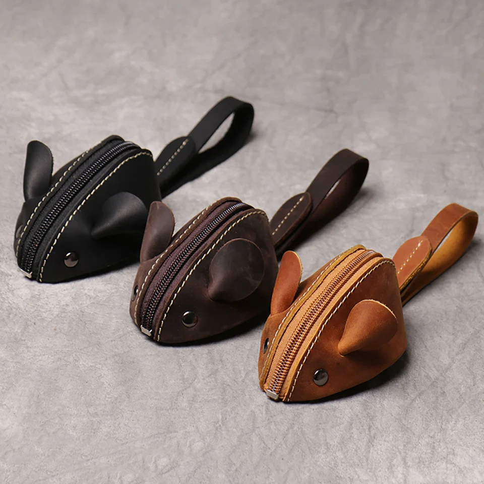 RATS × GROKLEATHER Wallet＆KEY CASE【USED】 ZRCX Genuine Leather Small Coin Purse Creative Lovely Rat Zipper